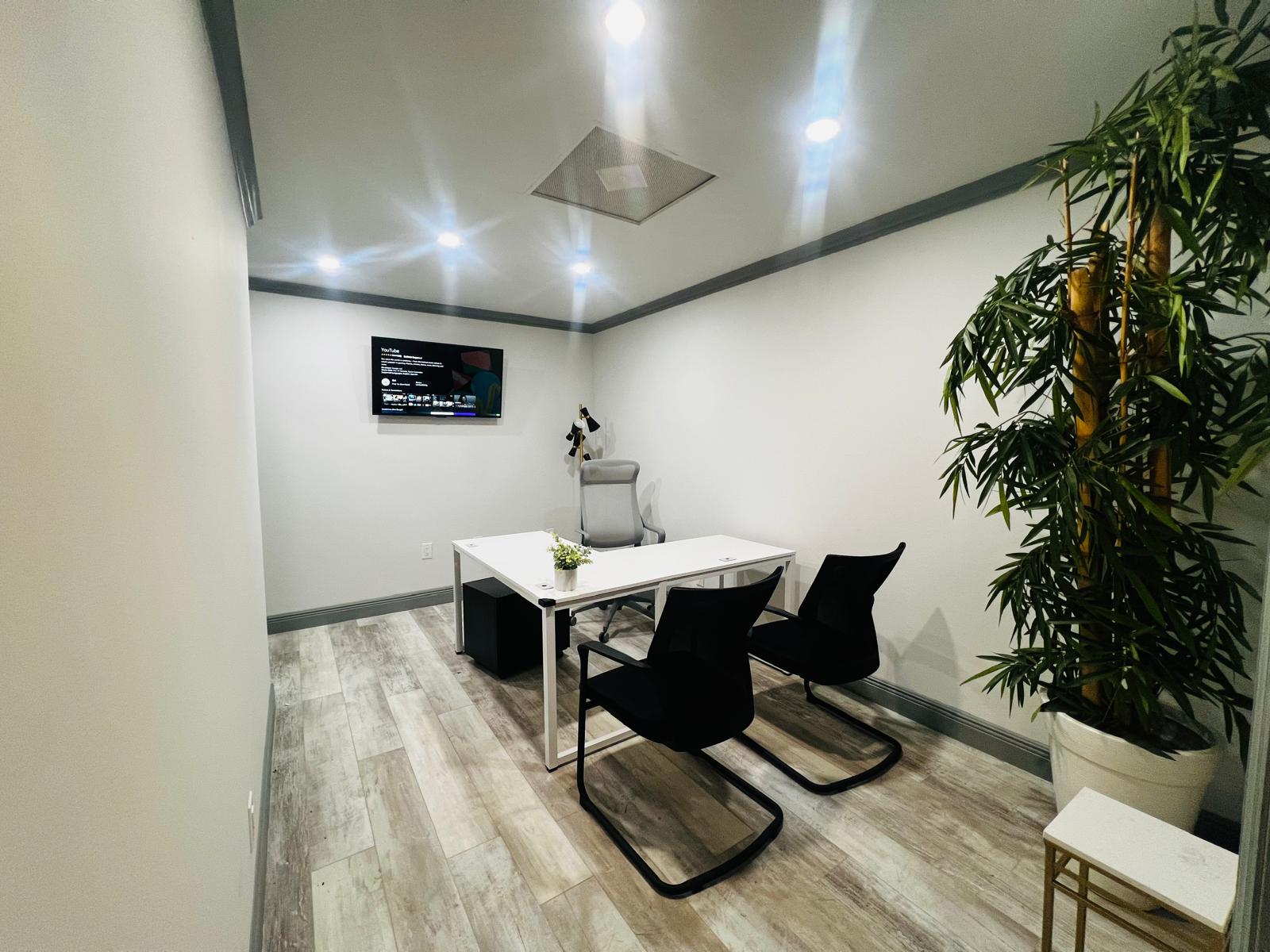 Furnished private office with desk, seating and wall-mounted screen
